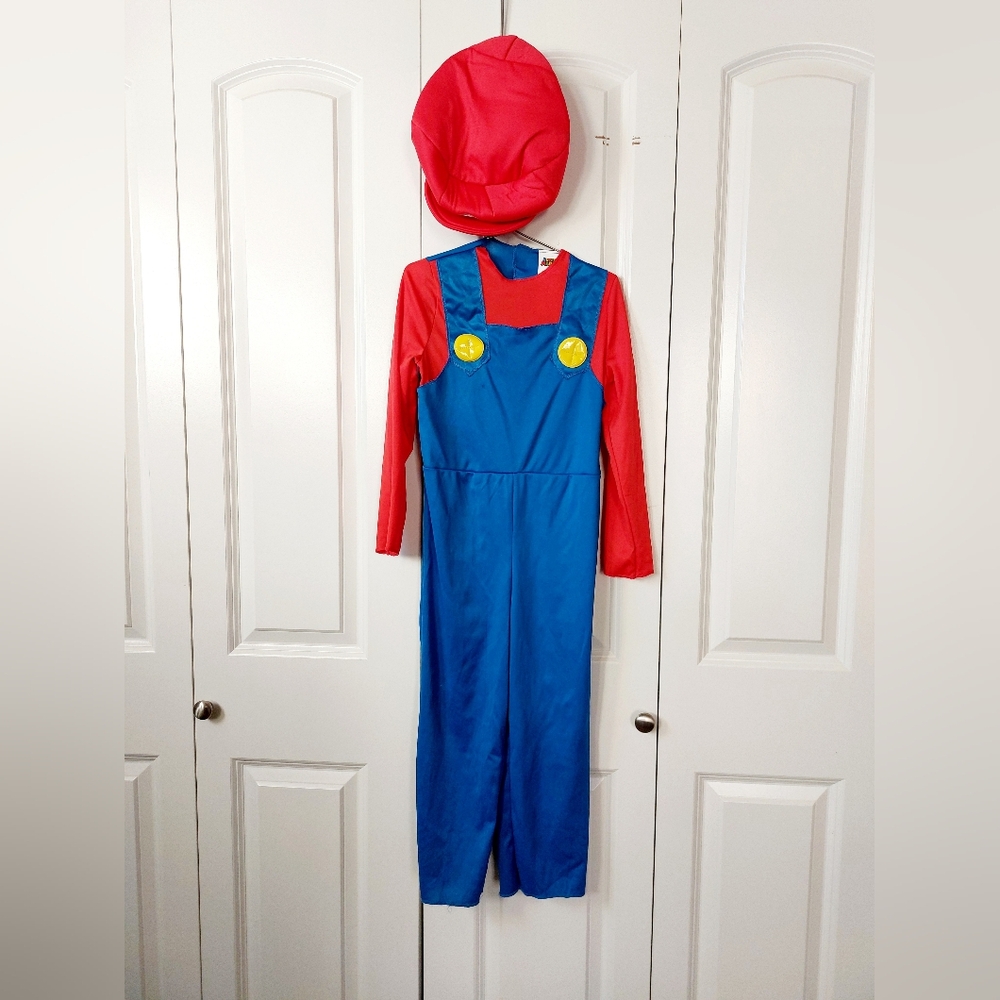 2pc Mario Costume jumpsuit‎ & hat size Small 4-6 Halloween Nintendo